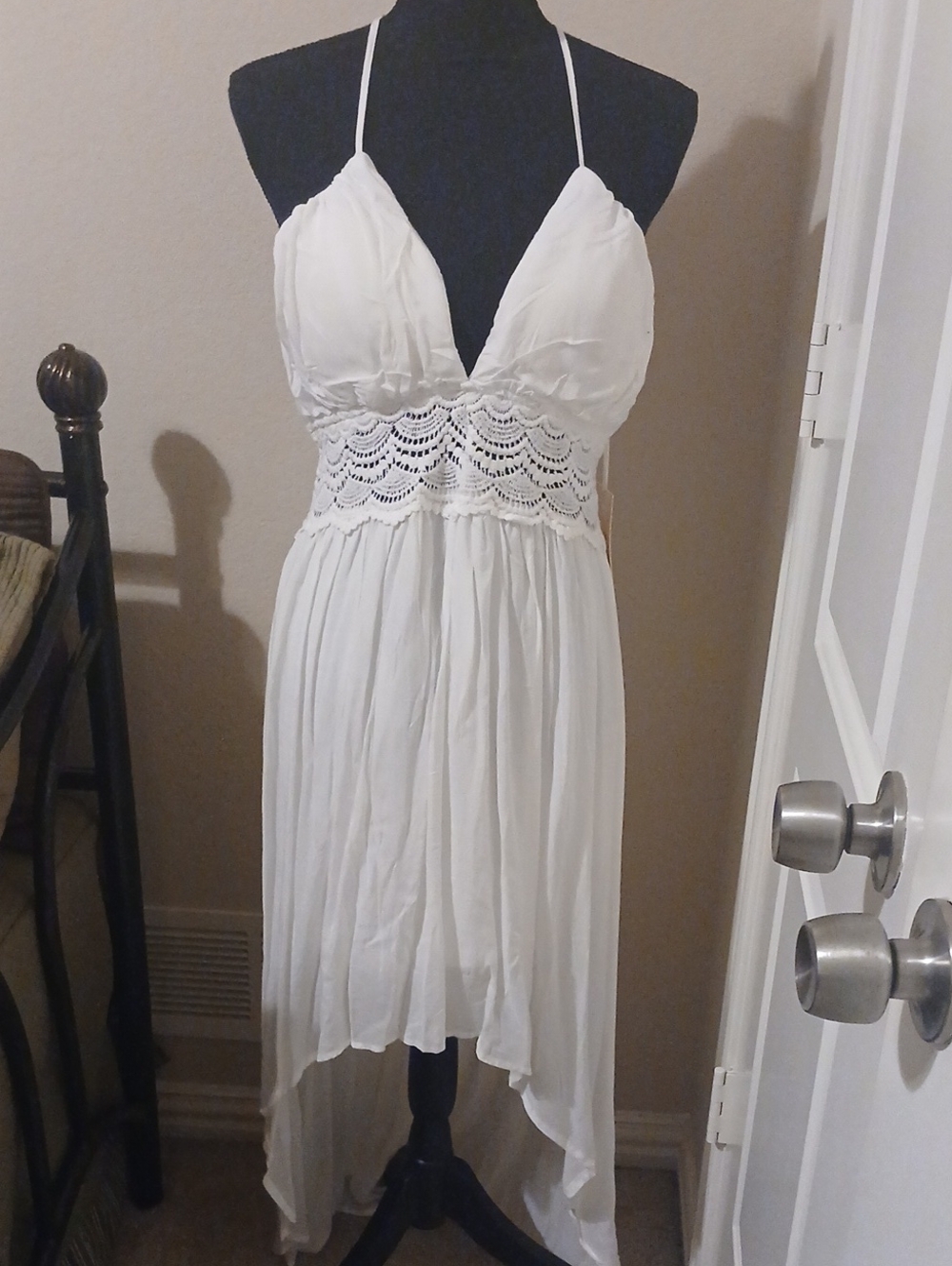 White Crochet Waist High-Low Halter Dress